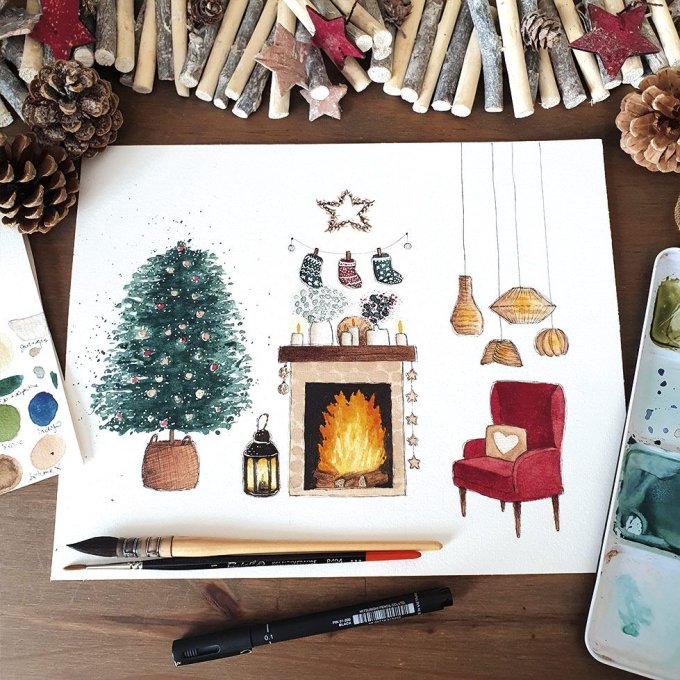Intérieur de Noël - aquarelle