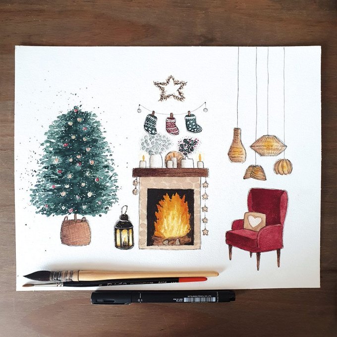 Intérieur de Noël - aquarelle